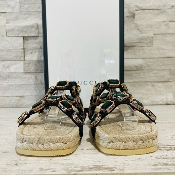 Gucci NEW SZ 36.5 Grosgrain Green Jewel Embellished Espadrille Flat Sandals - Picture 5 of 16